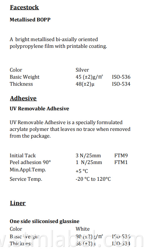 U120ql0920 Metallised Bopp Tc Uv Removable Adhesive White Glassine
